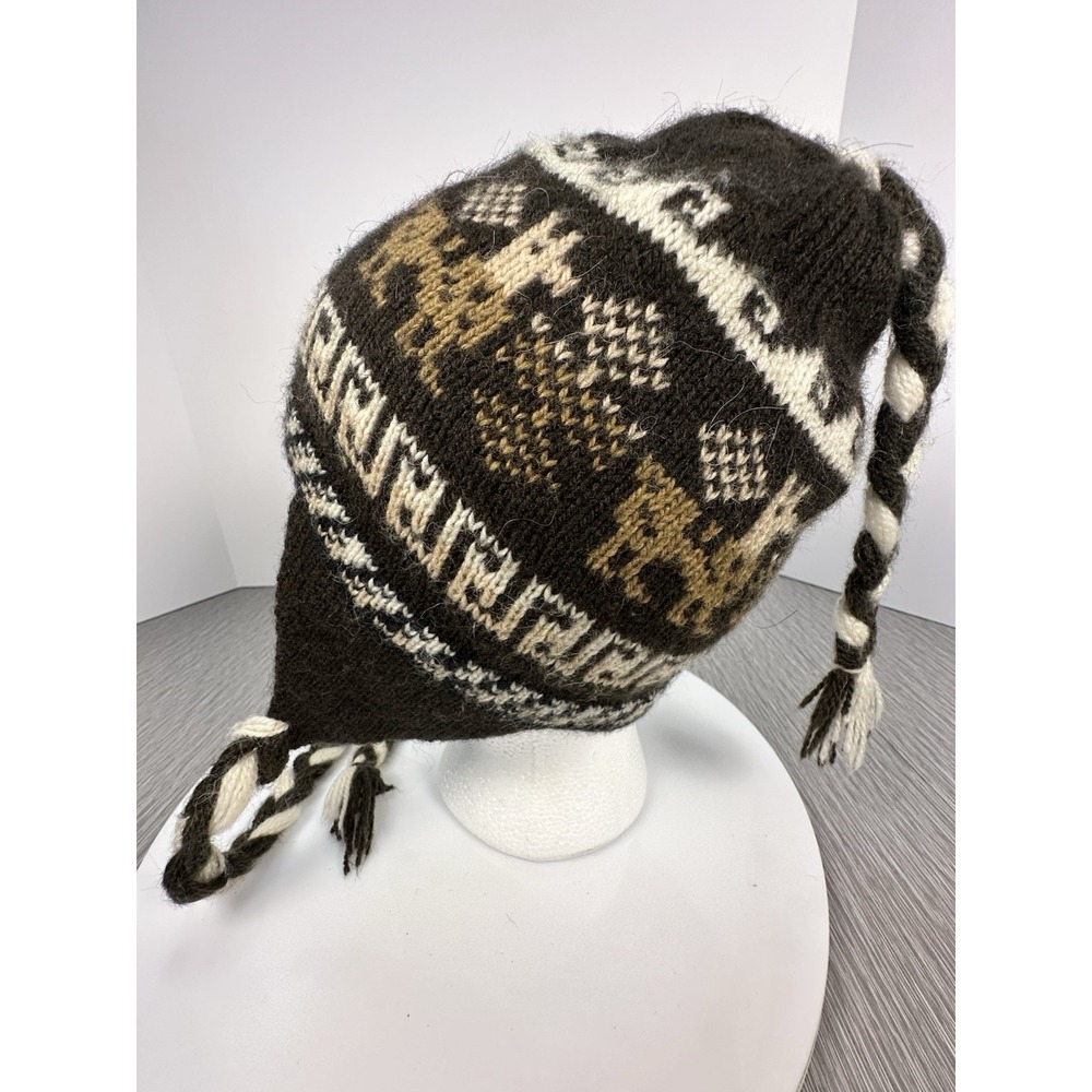 Toboggan Beanie Tassel Ear Flap Hat Knit Braids Llama Browns Creams Chullo - Picture 3 of 7